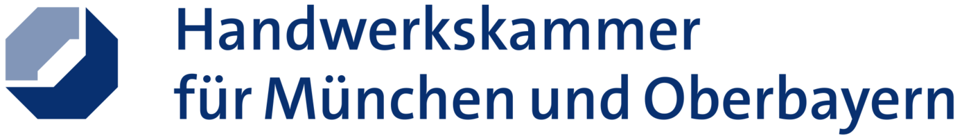 Abbildung Logo mit einem blauen Sechseck und blauer Beschriftung der Handwerkskammer für München und Oberbayern