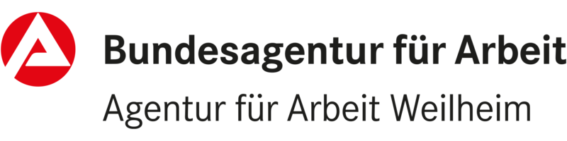 Abbildung Logo mit rotem Kreis und weiße Dreieck darin und ist beschriftet mit Bundesagentur für Arbeit Weilheim 