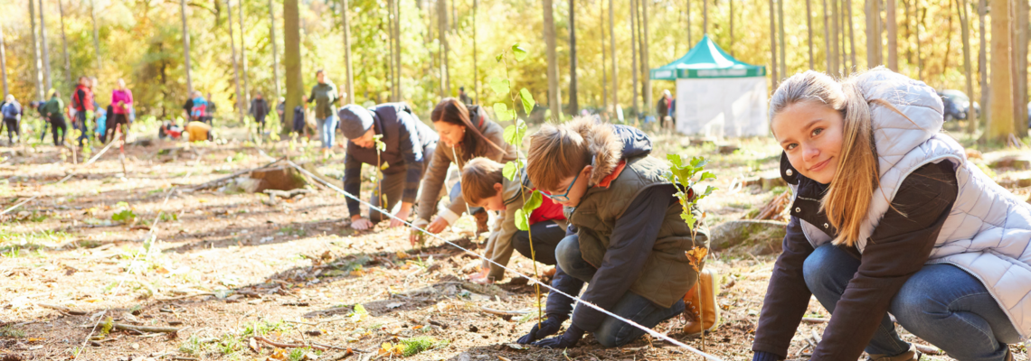 Abbildung ein jugendliches Mädchen steht mit anderen Kindern in einem Wald und alle pflanzen neue Bäume ein