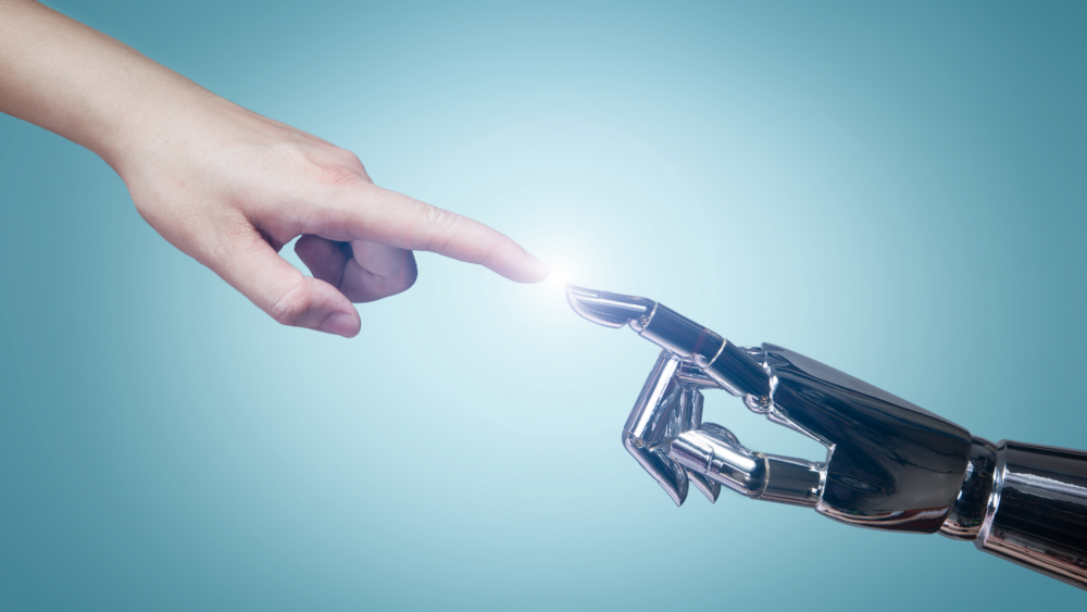 Abbildung eine Menschliche Hand berührt eine Roboter Hand 