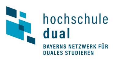 Abbildung Logo blaue Quadrate und dunkelblaue beschriftung mit hoschule Dual 