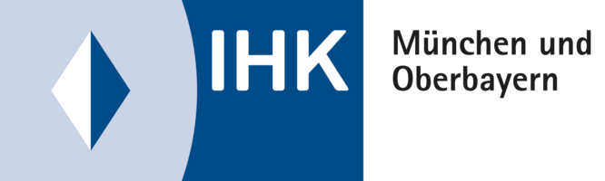Abbildung Logo mit weiß-blauer Raute in einem Rechteck mit weißer Beschriftung der IHK München und Oberbayern