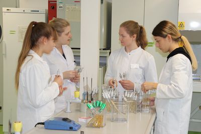 Abbildung vier Frauen stehen in einem Labor mit Schutzkittel und sortieren Pipetten 