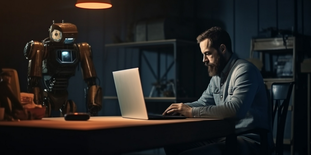 Abbildung Mann sitzt auf dem Tisch und tippt auf dem Laptop 