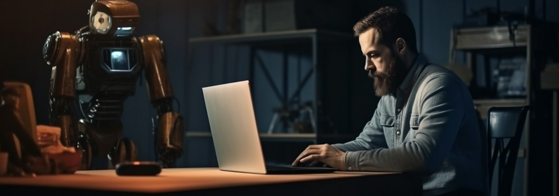 Abbildung Mann sitzt auf dem Tisch und tippt auf dem Laptop 