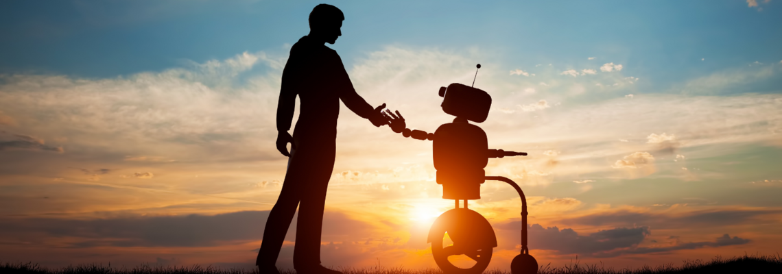 Abbildung ein Mann schüttelt die Hand eines Roboters 