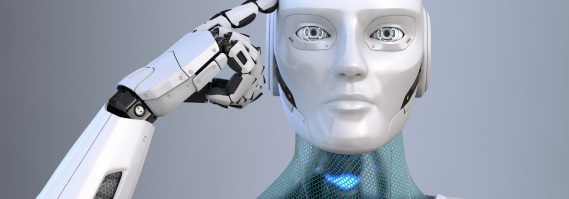 Abbildung ein Roboter zeigt mit seinem Finger auf seinem Kopf und sieht in die Kamera