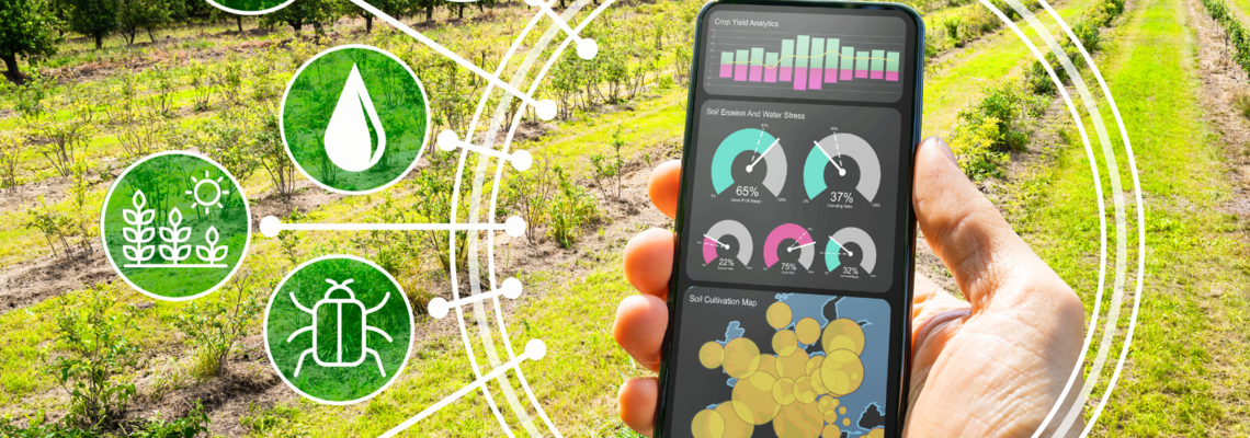 Abbildung ein Handy auf dem eine Datenanalyse drauf zu sehen ist und im Hintergrund eine landwirtschaftliche Fläche 