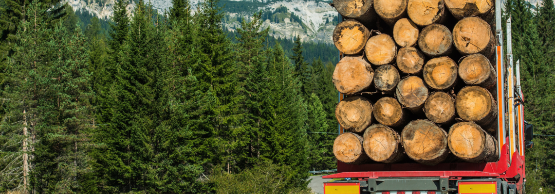 Abbildung In den Bergen ein großer LKW vollgeladen mit Baumstämmen 
