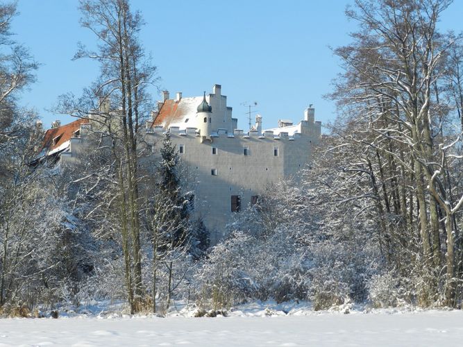 Abbildung eines verschneiten Schlosses mit Bäumen davor