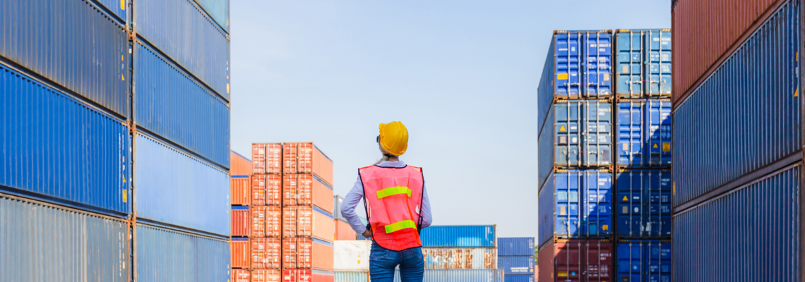 Abbildung ein Arbeiter steht zwischen Container in einem Hafen 