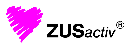Abbildung Logo mit pinkem Herz und schwarzer Schrift mit ZUS activ