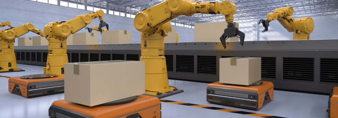 Abbildung Roboter Maschinen arbeiten an Produkten 