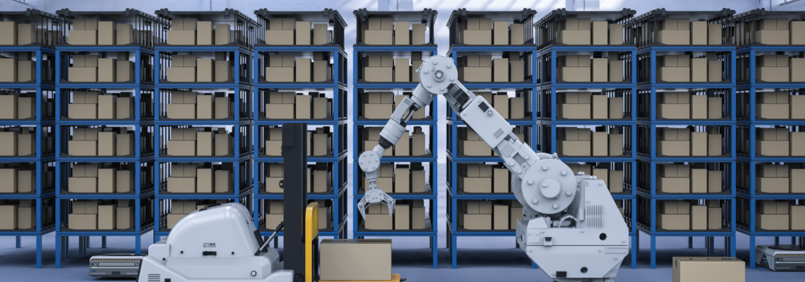 Abbildung Roboter räumt Pakete in ein Hochregallager ein